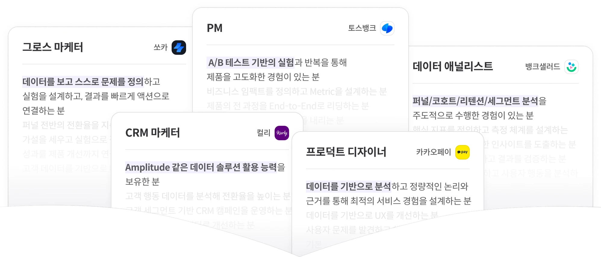 그로스 마케터, PM, CRM 마케터, 데이터 애널리스트, 프로덕트 디자이너 등 다양한 직무의 데이터 분석 역량 요구사항 카드 콜라주