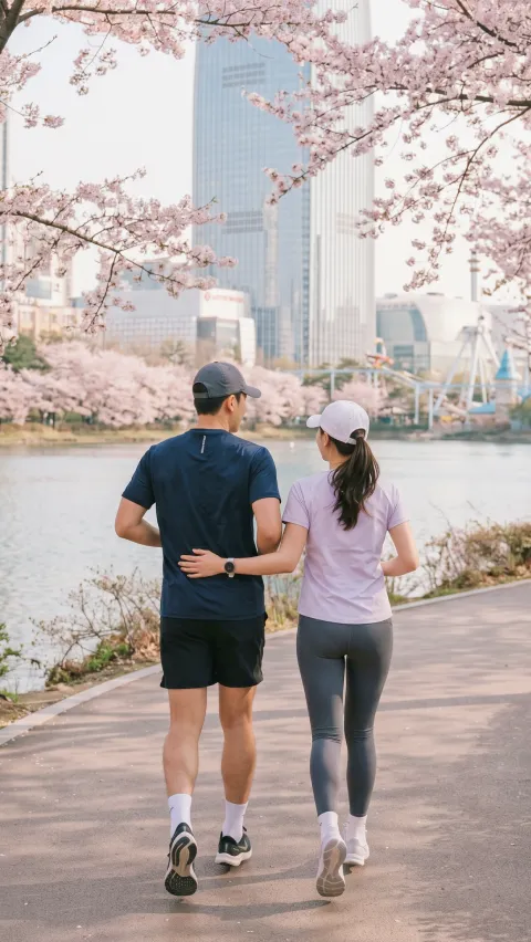 벚꽃 핀 길을 함께 걷는 신혼부부